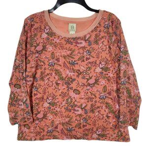 Belongings Blouse Womens Size XL Orange Floral Sheer Lined 3/4 Sleeve Top